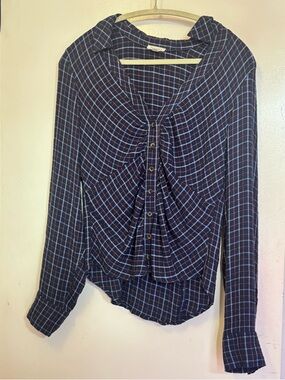 Anthropologie Navy Plaid Button-Front Twist Detail Shirt